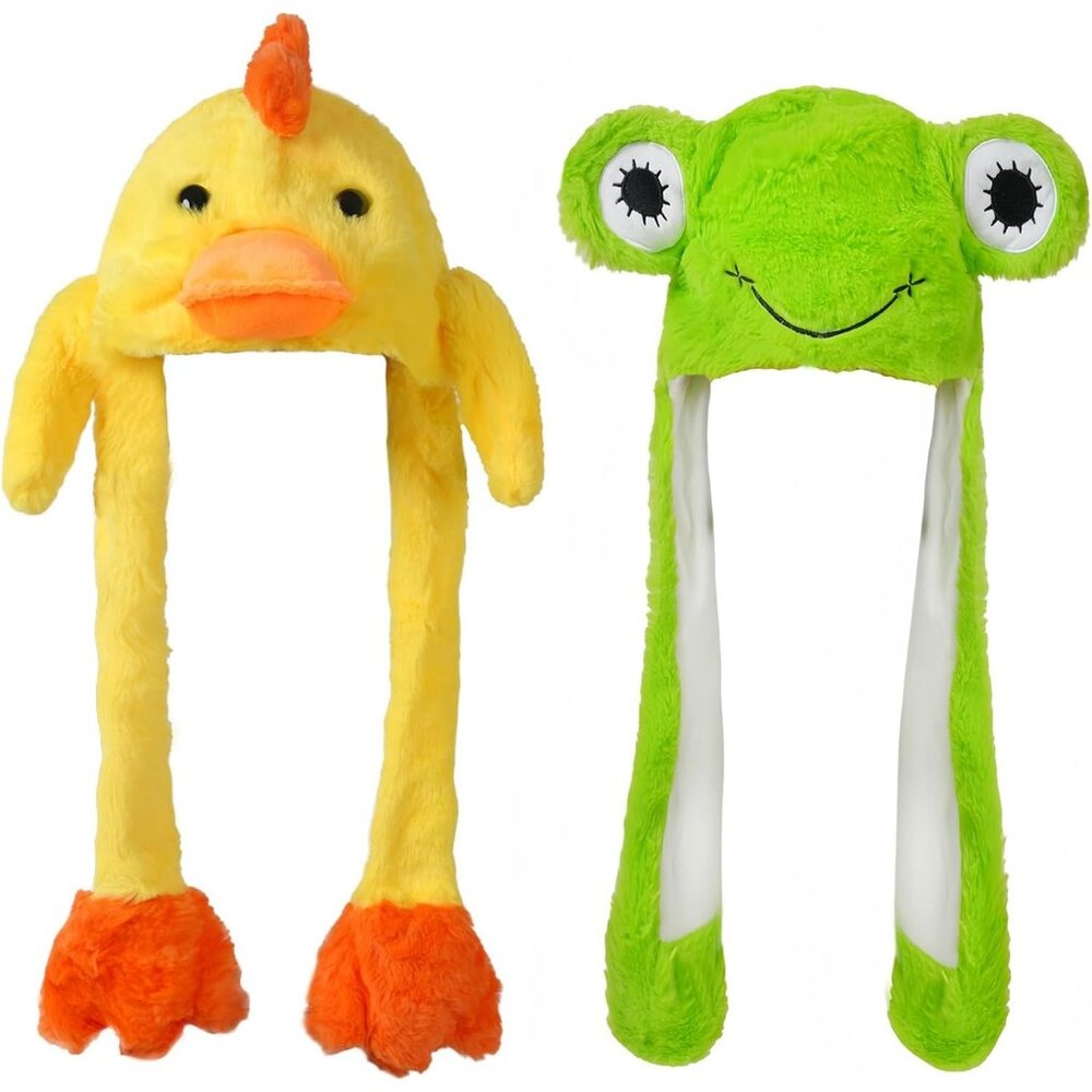 2 Pack Animal Hats Frog & Duck Plush Moving Ears Unisex for Halloween Cosplay
